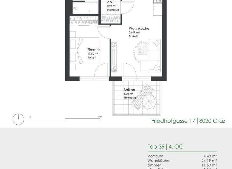 Wohnung zur Miete 444 € 2 Zimmer 47 m² 4. Geschoss Friedhofgasse 17 Gries Graz 8020
