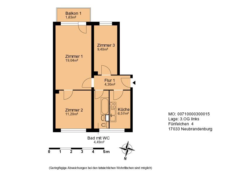 Wohnung zur Miete 375 € 3 Zimmer 59,4 m²<br/>Wohnfläche 3.<br/>Geschoss 15.02.2025<br/>Verfügbarkeit Fünfeichen 4 Stadtgebiet Süd Neubrandenburg 17033