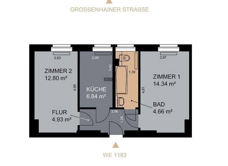 Wohnung zur Miete 509 € 2 Zimmer 41,2 m² 1. Geschoss frei ab 01.03.2026 Großenhainer Straße 16b Leipziger Vorstadt Dresden 01097