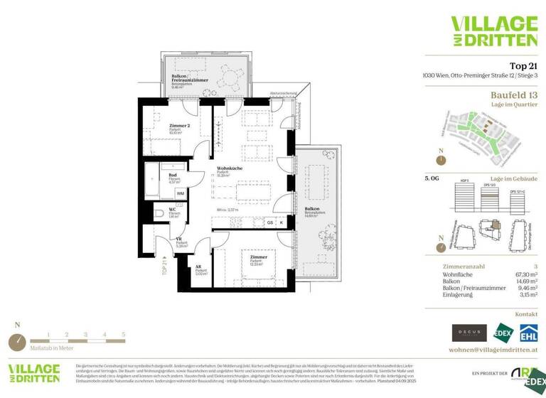 Terrassenwohnung zum Kauf - Erstbezug 548.000 € 3 Zimmer 67,3 m² 5. Geschoss Otto-Preminger-Straße Wien 1030