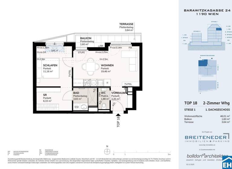Wohnung zum Kauf - Erstbezug provisionsfrei 390.000 € 2 Zimmer 46 m² 5. Geschoss Barawitzkagasse Wien 1190