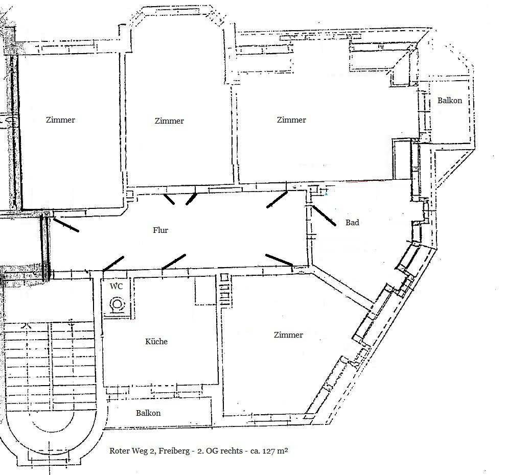 Wohnung zur Miete 950 € 4 Zimmer 130 m²<br/>Wohnfläche 2.<br/>Geschoss ab sofort<br/>Verfügbarkeit Roter Weg 2 Bahnhofsvorstadt Freiberg 09599