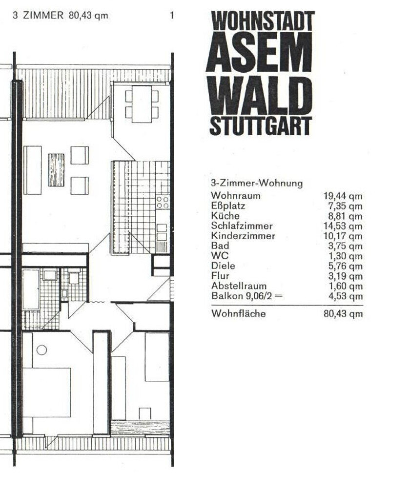 Wohnung zur Miete 1.125 € 3,5 Zimmer 80,4 m²<br/>Wohnfläche 12.<br/>Geschoss 01.03.2025<br/>Verfügbarkeit Asemwald Stuttgart 70599