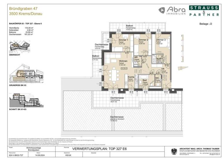 Wohnung zum Kauf - Erstbezug provisionsfrei 943.200 € 4 Zimmer 110,4 m² 3. Geschoss Bründlgraben 45A Krems an der Donau 3500