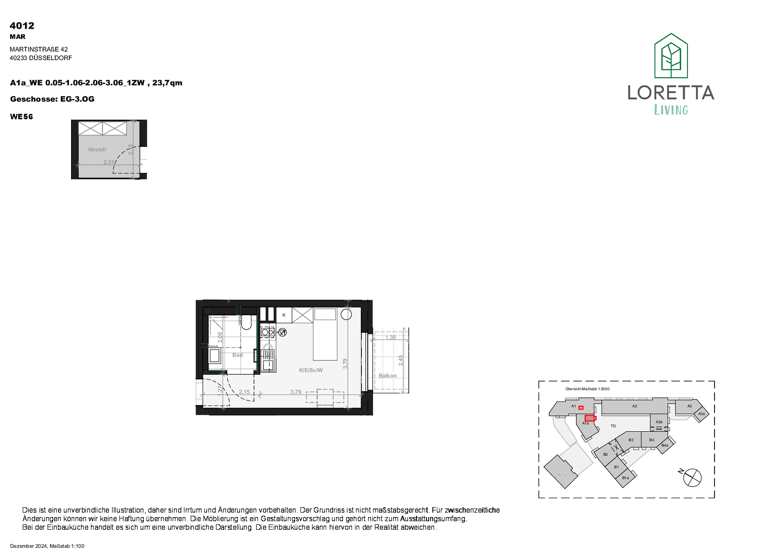 Studio zur Miete - Erstbezug 640 € 1 Zimmer 23,7 m² 2. Geschoss Martinstr. 42a Bilk Düsseldorf 40223
