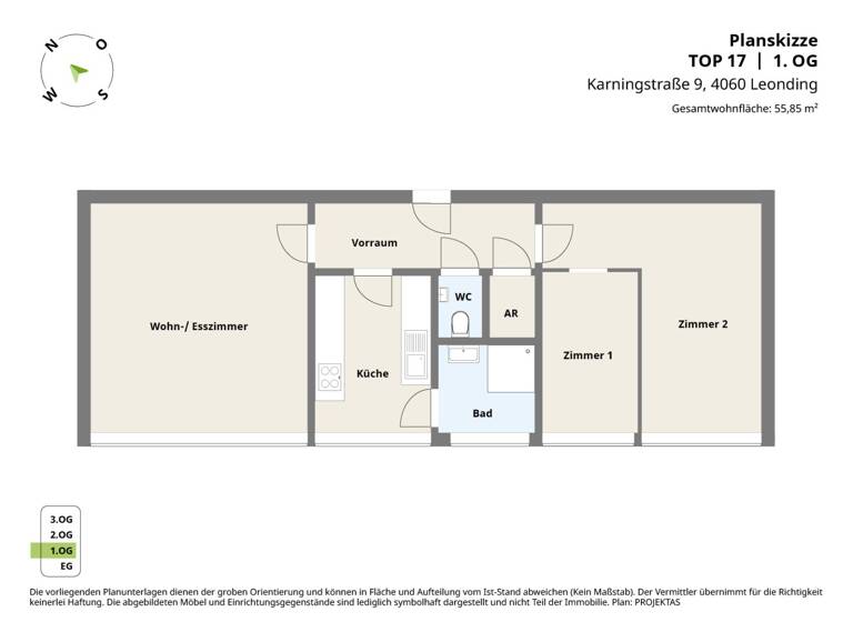 Wohnung zum Kauf 160.000 € 2,5 Zimmer 55,9 m² 1. Geschoss Karningstraße 9 Leonding 4060