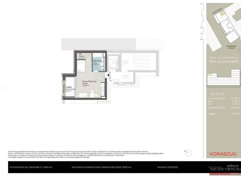 Wohnung zum Kauf - Erstbezug 283.613 € 1,5 Zimmer 34,2 m² 7. Geschoss Kaarstraße 11 und 13 Urfahr Linz 4040