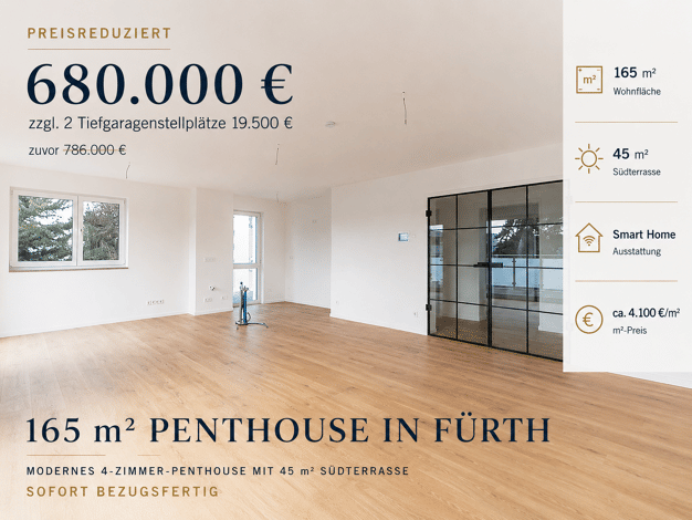 Terrassenwohnung zum Kauf - Neubau provisionsfrei 680.000 € 4 Zimmer 165,7 m² 2. Geschoss frei ab sofort Flurstraße 82 Nordstadt Fürth 90765