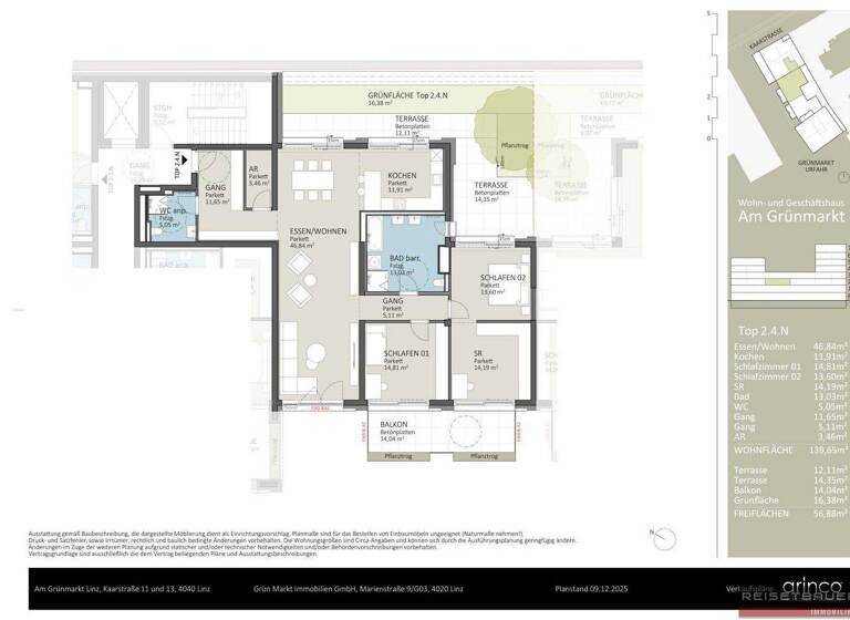 Wohnung zum Kauf - Erstbezug 985.000 € 4,5 Zimmer 139,7 m² 2. Geschoss Kaarstraße 11 und 13 Urfahr Linz 4040