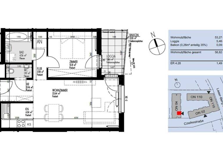 Wohnung zur Miete 769 € 2 Zimmer 53,3 m² 1. Geschoss Czeikestraße 4 Wien 1100