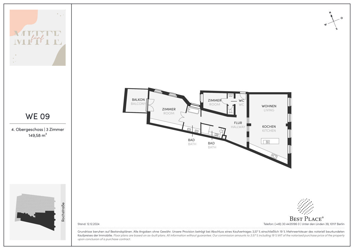 Wohnung zum Kauf 1.498.000 € 3 Zimmer 149,6 m²<br/>Wohnfläche 4.<br/>Geschoss Rochstraße 5 Mitte Berlin 10178