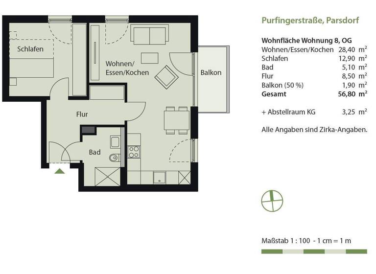 Wohnung zur Miete - Erstbezug 1.190 € 2 Zimmer 56,8 m² 1. Geschoss Parsdorf 85599