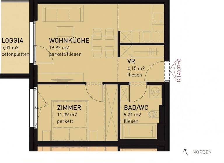 Wohnung zur Miete - Erstbezug 708 € 2 Zimmer 40,4 m² 1. Geschoss frei ab 15.05.2026 Lorettoplatz 1 Wien 1210