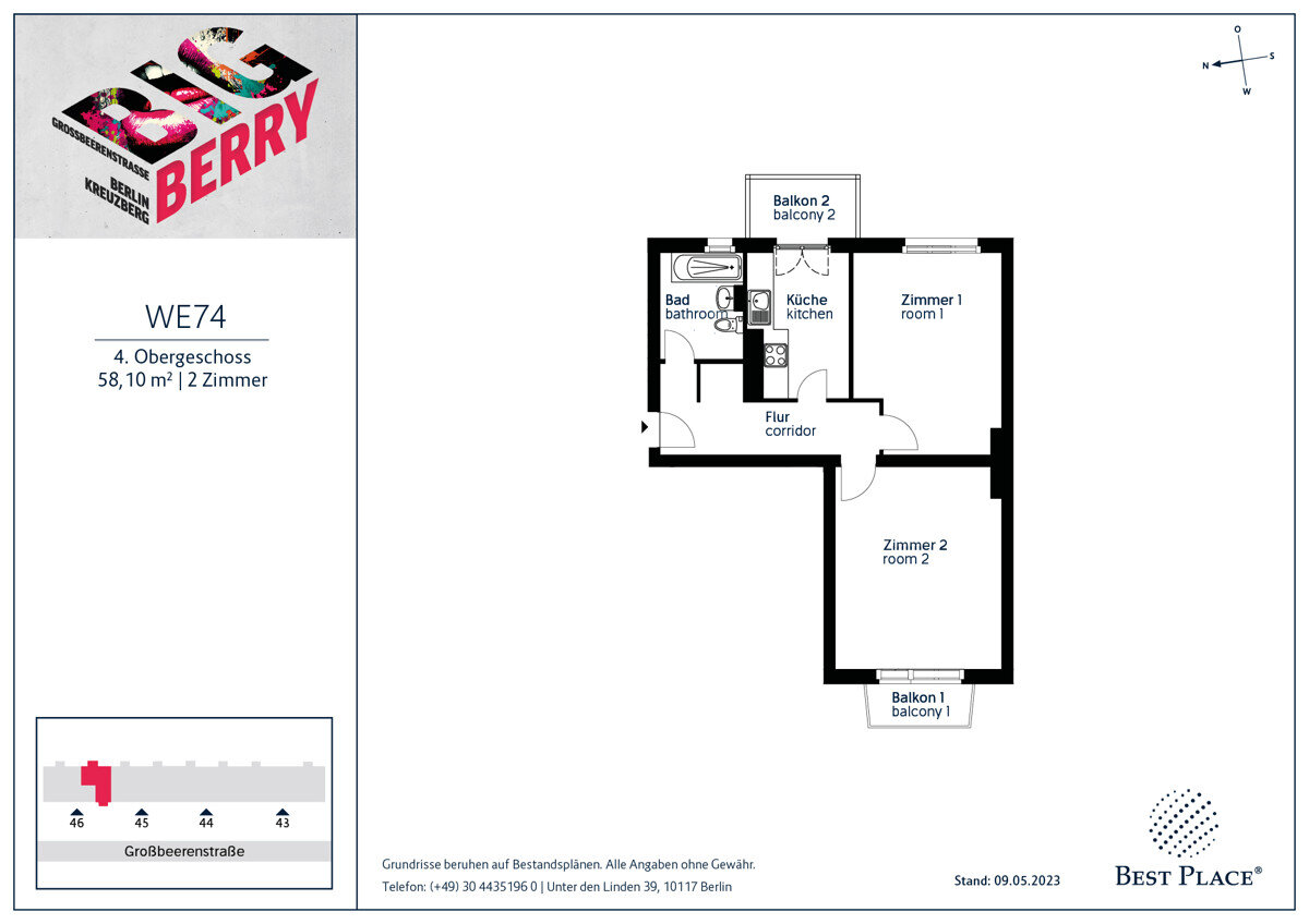 Wohnung zum Kauf provisionsfrei 258.000 € 2 Zimmer 58,1 m²<br/>Wohnfläche 4.<br/>Geschoss Großbeerenstraße 46 Kreuzberg Berlin 10965