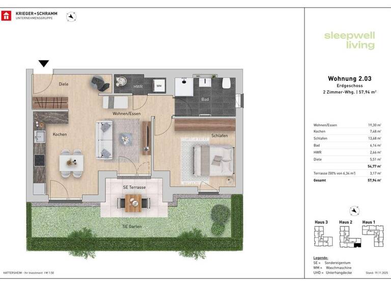 Terrassenwohnung zum Kauf - Neubau provisionsfrei als Kapitalanlage geeignet 410.600 € 2 Zimmer 58 m² Schulstraße 29-31 Hattersheim 65795