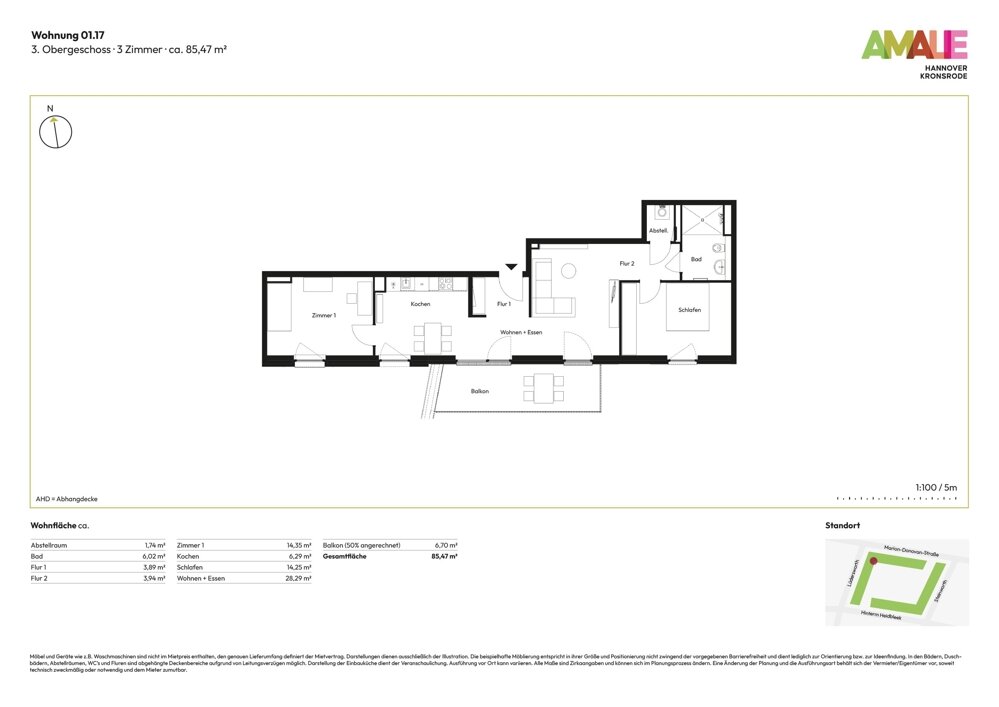 Wohnung zur Miete 1.325 € 3 Zimmer 85,5 m²<br/>Wohnfläche 3.<br/>Geschoss Bemerode Hannover 30539