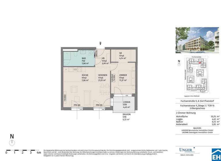 Wohnung zur Miete - Erstbezug 609 € 2 Zimmer 55,8 m² 3. Geschoss Fuchsenstraße Pixendorf 3451