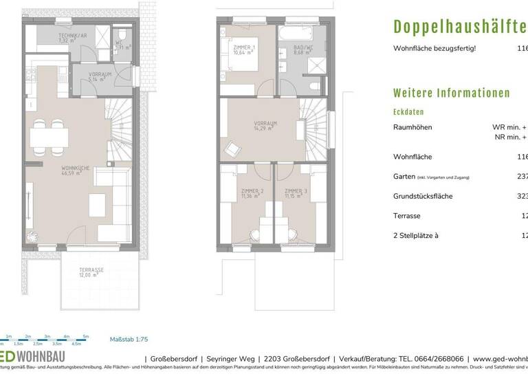 Doppelhaushälfte zum Kauf 599.760 € 4 Zimmer 116,9 m² 323 m² Grundstück Seyeringer Weg Großebersdorf 2203