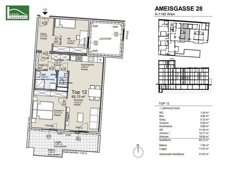 Wohnung zum Kauf - Erstbezug provisionsfrei 453.600 € 3 Zimmer 65,1 m² 1. Geschoss Ameisgasse 28 Wien 1140
