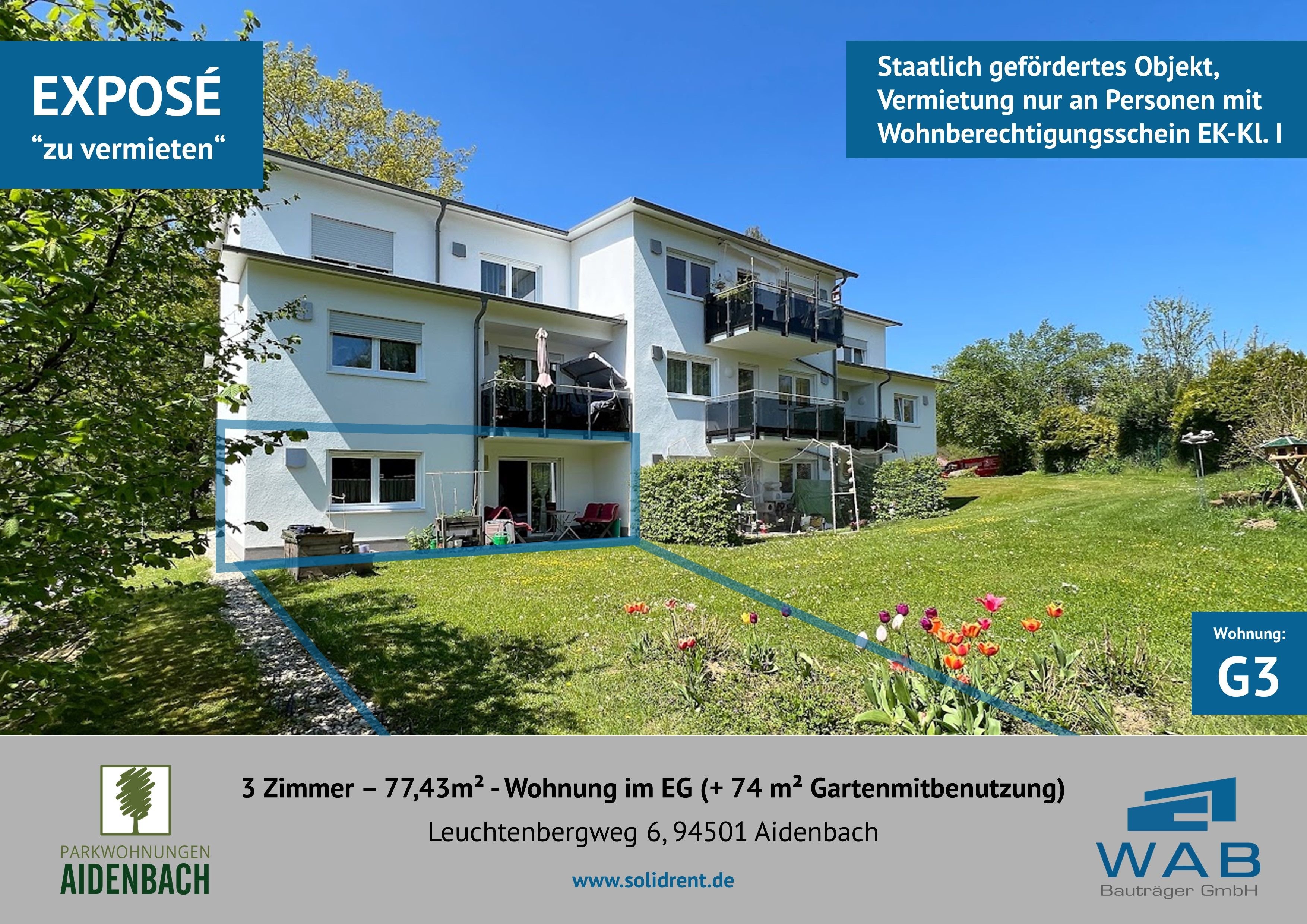 Terrassenwohnung zur Miete nur mit Wohnberechtigungsschein 693,96 € 3 Zimmer 77,4 m²<br/>Wohnfläche EG<br/>Geschoss 01.12.2024<br/>Verfügbarkeit Leuchtenbergweg 6 (Einheit G03) Aidenbach Aidenbach 94501