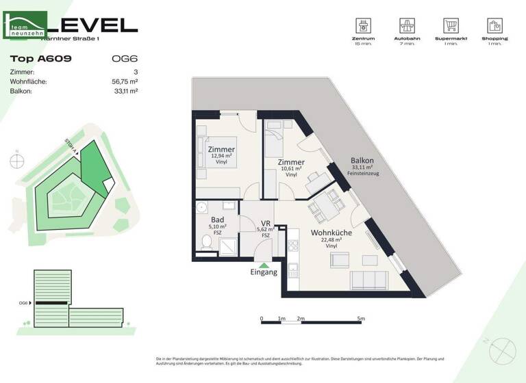 Wohnung zur Miete - Erstbezug 754 € 3 Zimmer 56,8 m² 6. Geschoss frei ab 01.05.2026 Kärntner Straße 1 Gries Graz 8020