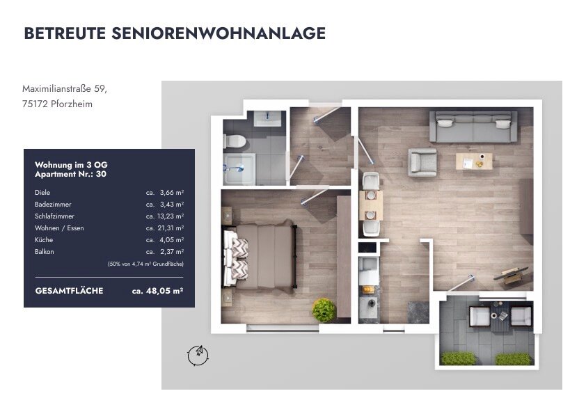 Wohnung zur Miete 570 € 2 Zimmer 48,1 m²<br/>Wohnfläche 3.<br/>Geschoss ab sofort<br/>Verfügbarkeit Weststadt - Stadtviertel 031 Pforzheim 75172