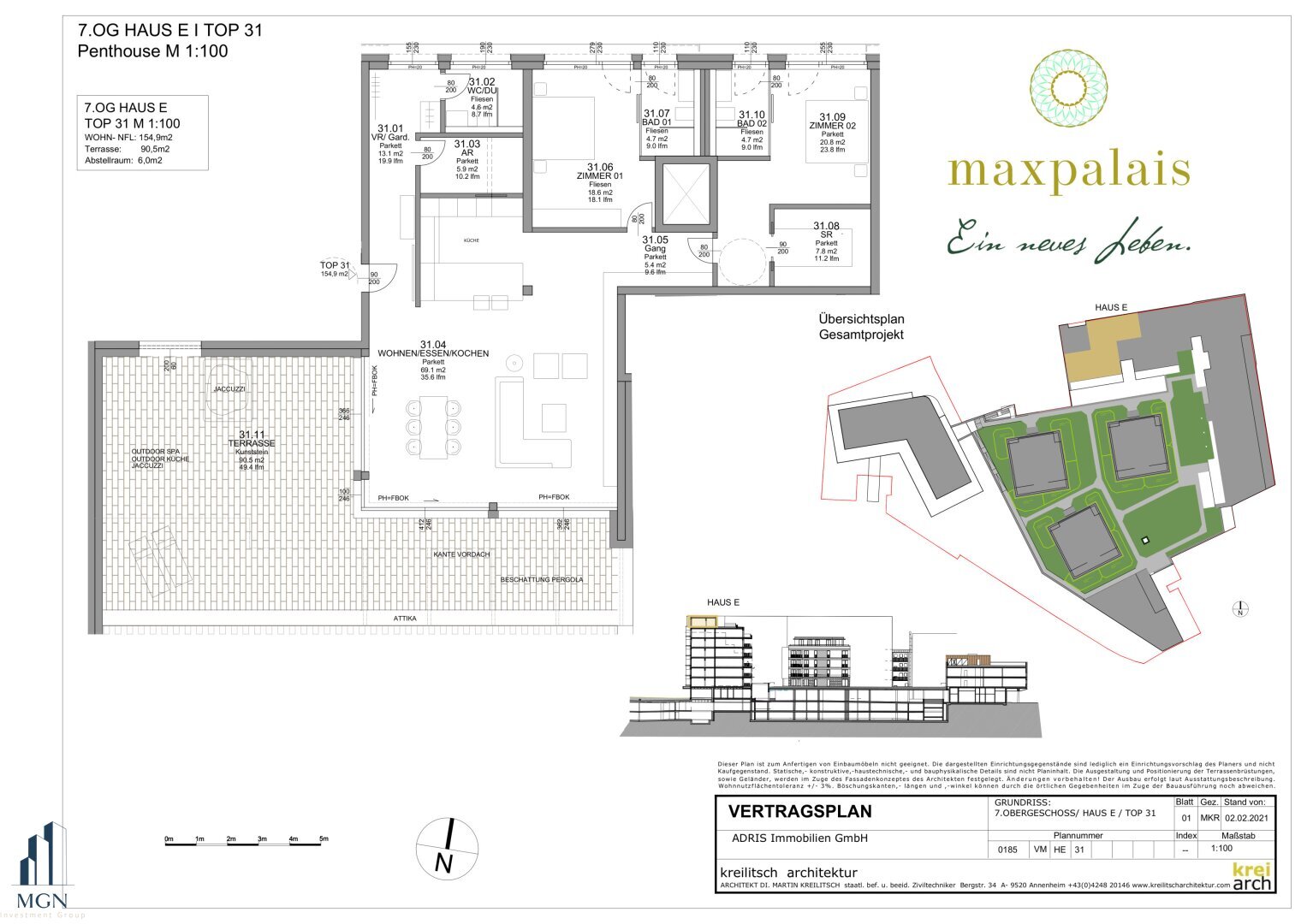 Penthouse zum Kauf 1.172.700 € 3 Zimmer 154,9 m²<br/>Wohnfläche 7.<br/>Geschoss Kaigasse Innere Stadt Villach 9500