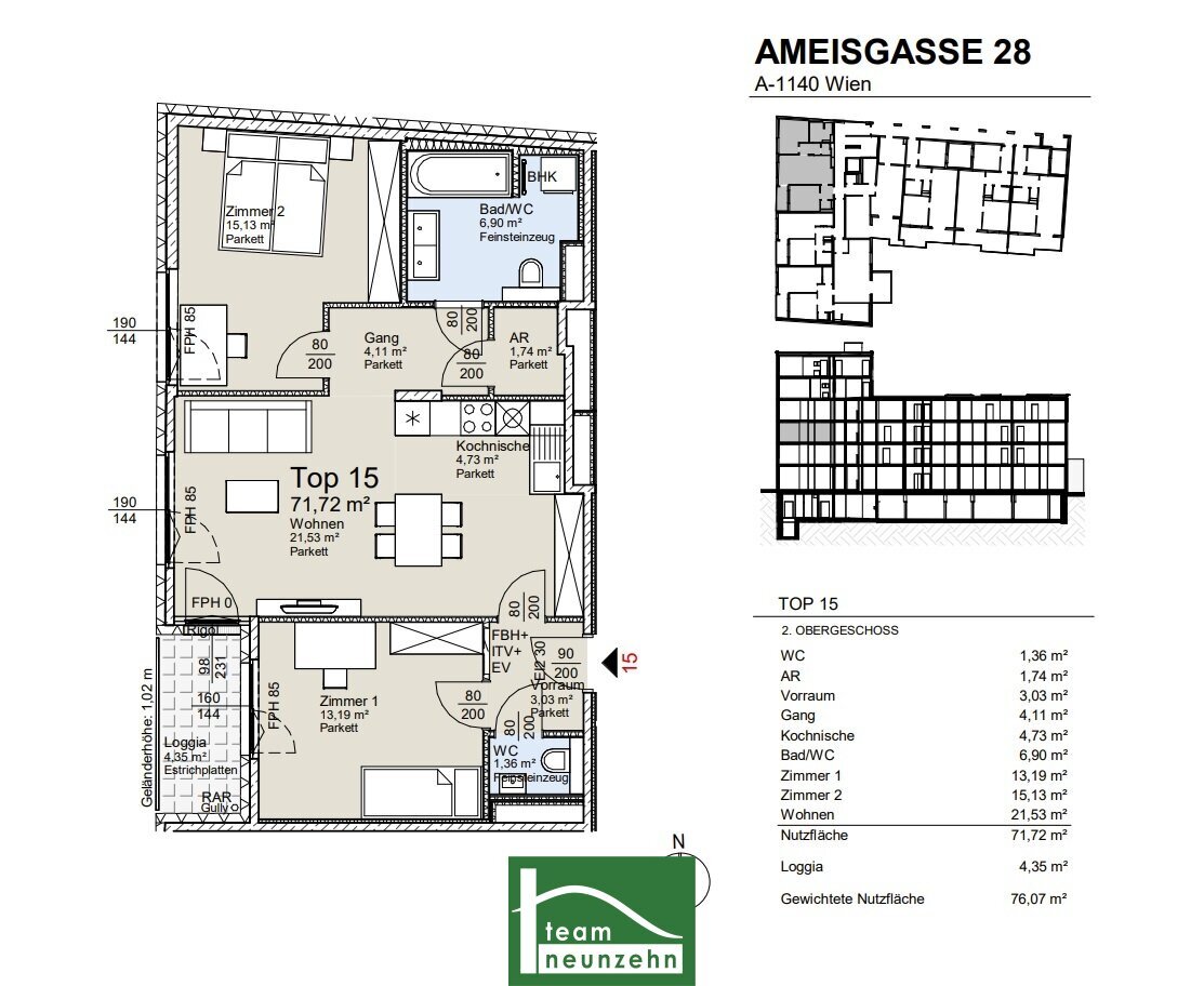 Wohnung zum Kauf provisionsfrei 498.051 € 3 Zimmer 71,6 m²<br/>Wohnfläche 2.<br/>Geschoss Ameisgasse 28 Wien 1140