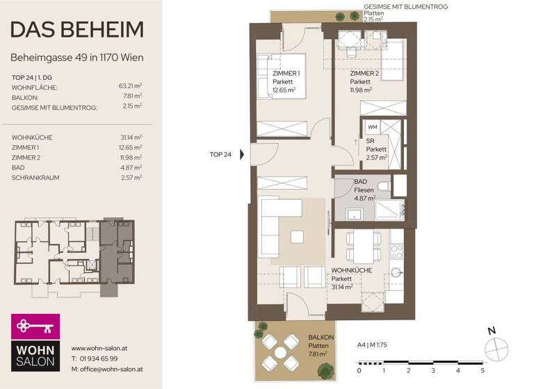 Wohnung zur Miete - Erstbezug 1.368 € 3 Zimmer 63,2 m² 4. Geschoss Beheimgasse Wien 1170