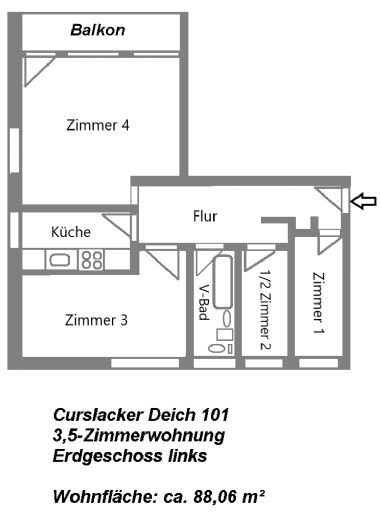 Wohnung zur Miete 1.050 € 3,5 Zimmer 88,1 m²<br/>Wohnfläche EG<br/>Geschoss ab sofort<br/>Verfügbarkeit Curslacker Deich 101 Curslack Hamburg 21039