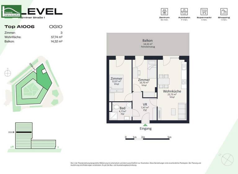 Wohnung zur Miete - Erstbezug 778 € 3 Zimmer 57,7 m² 10. Geschoss frei ab 01.05.2026 Kärntner Straße 1 Gries Graz 8020
