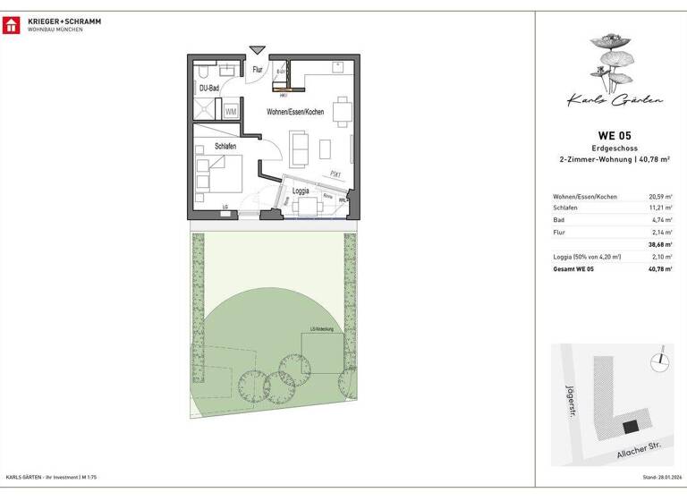 Terrassenwohnung zum Kauf - Erstbezug provisionsfrei 429.000 € 2 Zimmer 41 m² EG Jägerstraße 29-31 Karlsfeld 85757