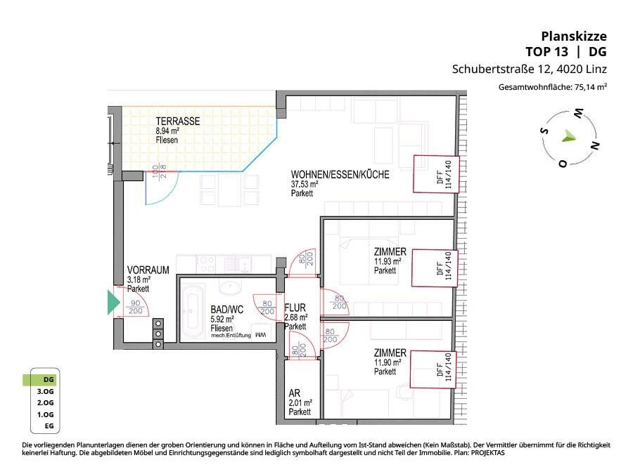 Wohnung zur Miete 935 € 3 Zimmer 75,1 m²<br/>Wohnfläche 3.<br/>Geschoss Schubertstrasse 12 Linz Linz 4020