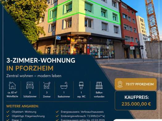 Wohnung zum Kauf 235.000 € 3 Zimmer 82 m² 2. Geschoss Kronprinzenstraße 19 Nordstadt Pforzheim 75177