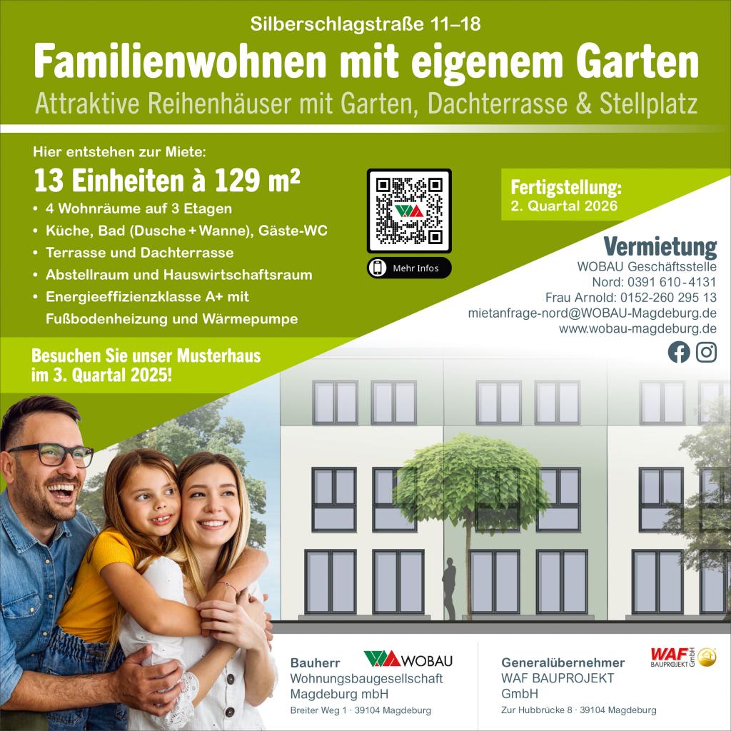 Haus zur Miete 1.548 € 4 Zimmer 129 m²<br/>Wohnfläche 100 m²<br/>Grundstück 01.05.2026<br/>Verfügbarkeit Silberschlagstr. 13 - 18 Neustädter Feld Ost Magdeburg 39128