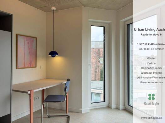 Wohnung zur Miete - Erstbezug 1.062 € 1 Zimmer 46,9 m² 5. Geschoss frei ab sofort Adalbertstraße 128 Aachen Aachen - Mitte 52062
