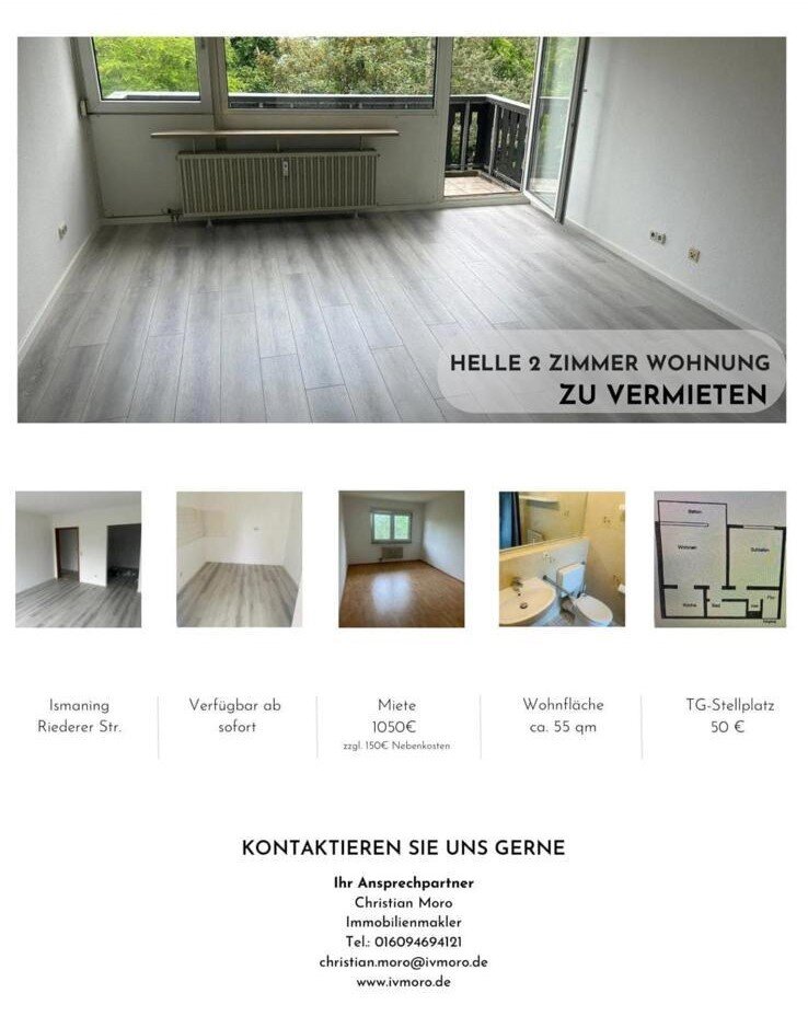 Wohnung zur Miete 1.050 € 2 Zimmer 55 m²<br/>Wohnfläche 3.<br/>Geschoss ab sofort<br/>Verfügbarkeit Riederer Straße Ismaning Ismaning 85737