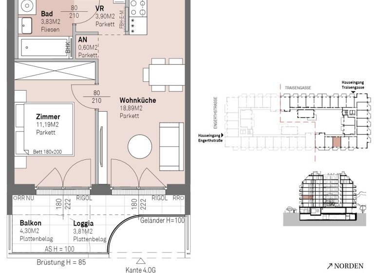Wohnung zum Kauf - Erstbezug 295.200 € 2 Zimmer 39,9 m² 3. Geschoss frei ab 30.06.2028 Traisengasse 20-22 Wien 1200