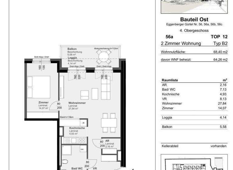Wohnung zur Miete 475 € 2 Zimmer 64,3 m² 4. Geschoss Eggenberger Gürtel 56a Gries Graz 8020