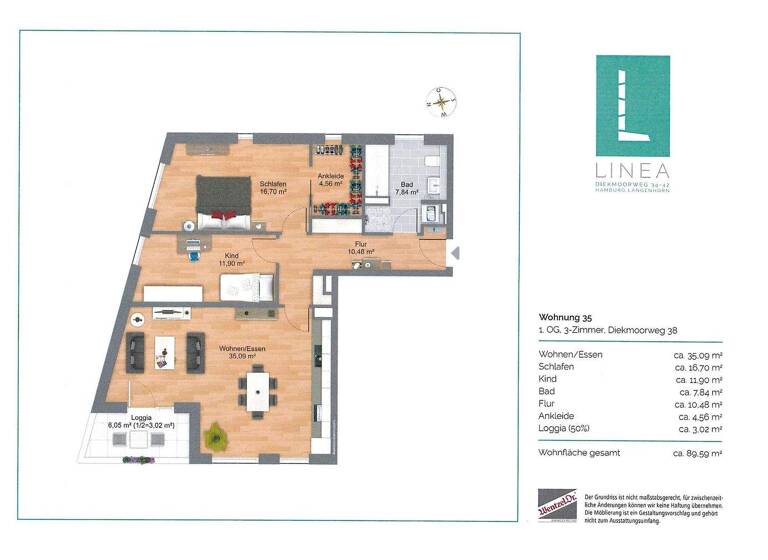 Wohnung zur Miete 1.446 € 3 Zimmer 89,6 m² 1. Geschoss frei ab 01.05.2026 Diekmoorweg 38 Langenhorn Hamburg 22419