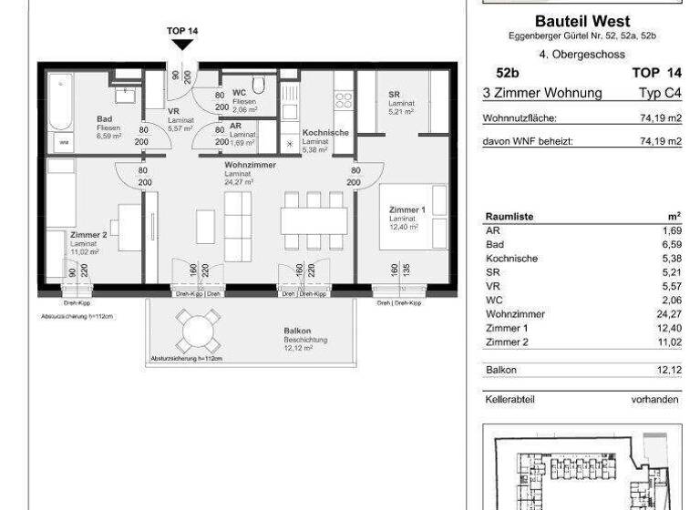 Wohnung zur Miete 558 € 3 Zimmer 74,2 m² 4. Geschoss Eggenberger Gürtel 52b Gries Graz 8020