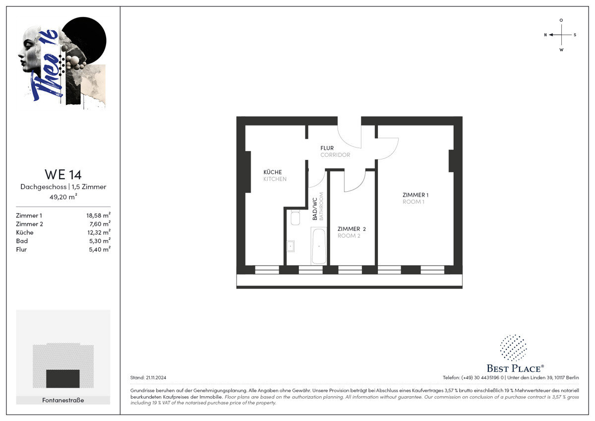 Wohnung zum Kauf 225.000 € 2 Zimmer 42,8 m²<br/>Wohnfläche Fontanestraße 16 Neukölln Berlin 12049