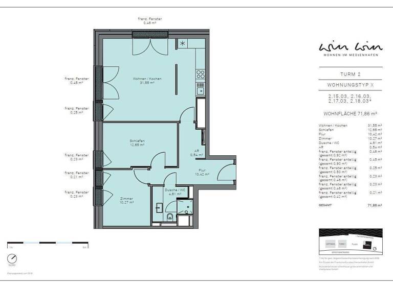 Wohnung zur Miete 2.990 € 3 Zimmer 71,9 m² 18. Geschoss frei ab sofort Speditionsstraße 8 Hafen Düsseldorf 40221