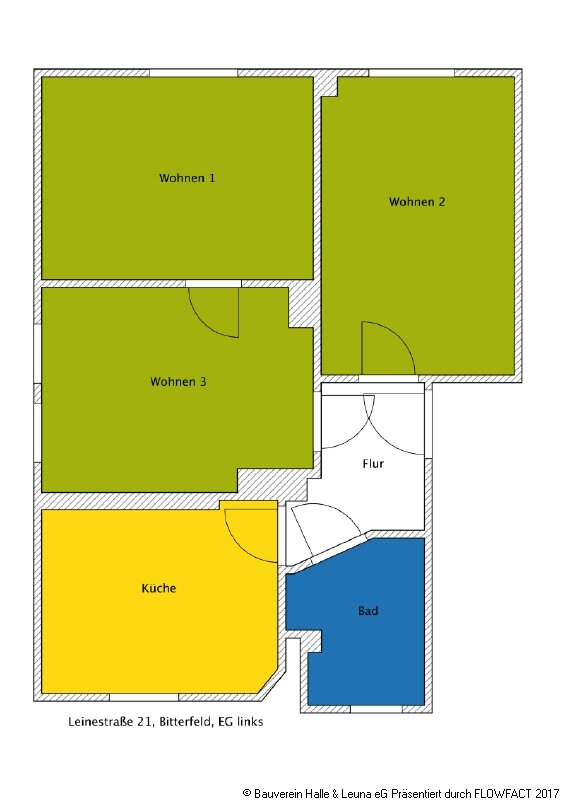 Wohnung zur Miete 385 € 3 Zimmer 55 m²<br/>Wohnfläche 1.<br/>Geschoss Leinestraße 21 Bitterfeld Bitterfeld 06749