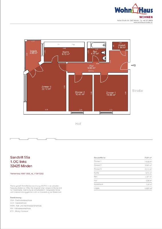 Wohnung zur Miete nur mit Wohnberechtigungsschein 699 € 3 Zimmer 74 m²<br/>Wohnfläche ab sofort<br/>Verfügbarkeit Sandtrift 55a Bärenkämpen 1 Minden 32425