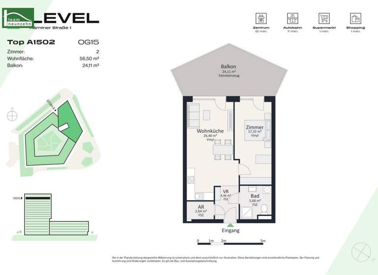 Wohnung zur Miete - Erstbezug 903 € 2 Zimmer 56,5 m² 15. Geschoss frei ab 01.05.2026 Kärntner Straße 1 Gries Graz 8020