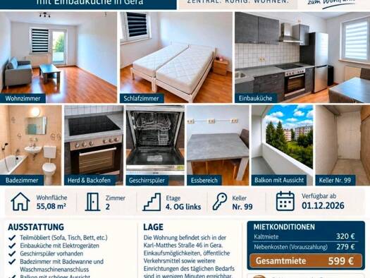 Wohnung zur Miete 320 € 2 Zimmer 55 m² 4. Geschoss frei ab 01.11.2026 Lusan Gera 07549