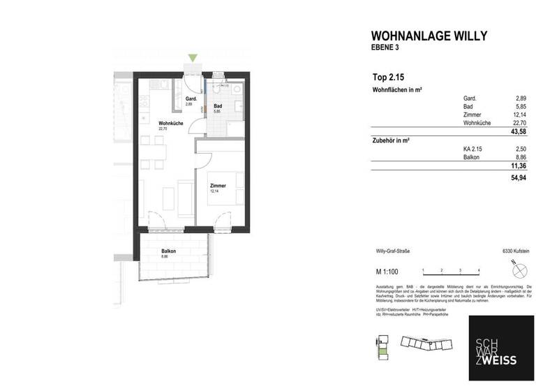 Wohnung zum Kauf - Erstbezug 314.000 € 2 Zimmer 43,6 m² 3. Geschoss Kufstein 6330