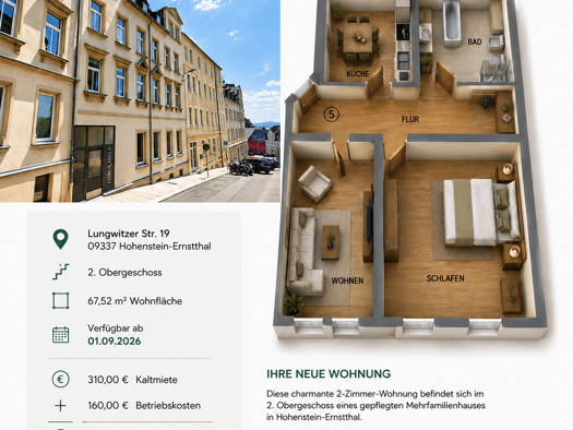 Wohnung zur Miete 310 € 2 Zimmer 67,5 m² Geschoss 2/3 frei ab sofort Lungwitzer Straße 19 Hohenstein-Ernstthal Hohenstein-Ernstthal 09337