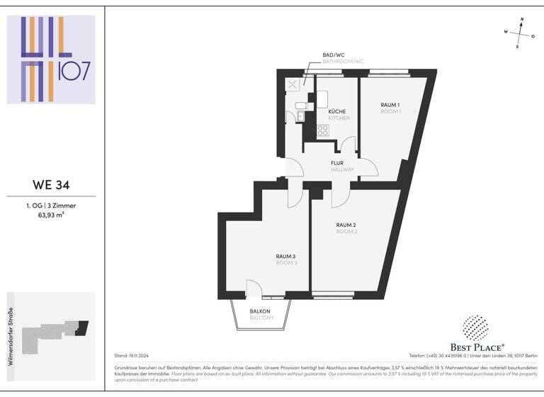 Wohnung zum Kauf 408.000 € 3 Zimmer 63,9 m²<br/>Wohnfläche 1.<br/>Geschoss Wilmersdorfer Straße 107c Charlottenburg Berlin 10629